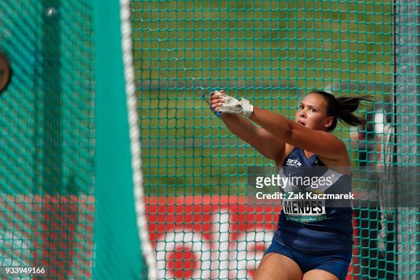 Louise Mendes of Victoria competing in the Women's Under 20 Hammer throw Final during day four of the Australian Junior Athletics Championships at...