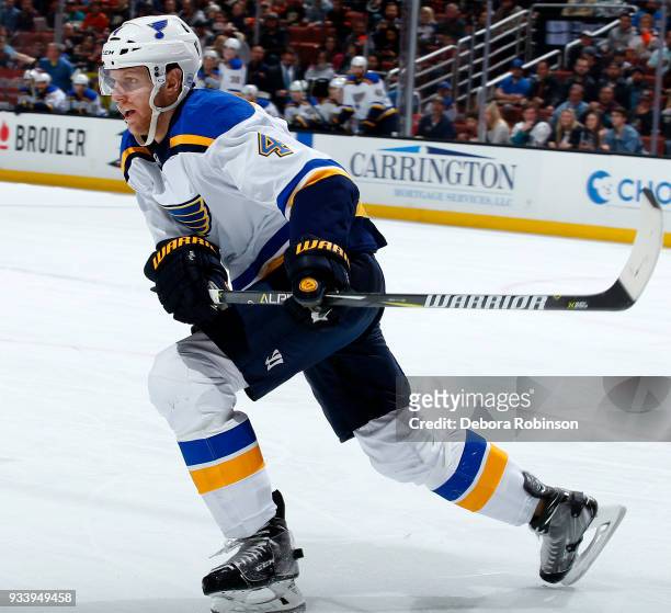 Carl Gunnarsson of the St. Louis Blues skates during the game against the Anaheim Ducks on March 12, 2018 at Honda Center in Anaheim, California.