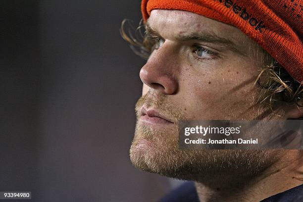 Greg Olsen of the Chicago Bears watches the final minutes against the Philadelphia Eagles from the sidelines at Soldier Field on November 22, 2009 in...