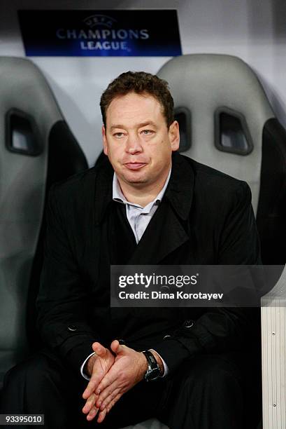 Head coach Leonid Slutski of CSKA Moscow looks on during the UEFA Champions League group B match between CSKA Moscow and VfL Wolfsburg at the...