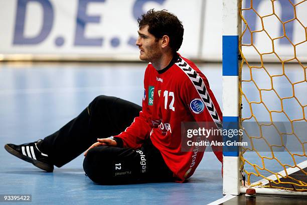 Goalkeeper Henning Fritz of Rhein-Neckar Loewen reacts during the Toyota Handball Bundesliga match between Rhein-Neckar Loewen and SG...