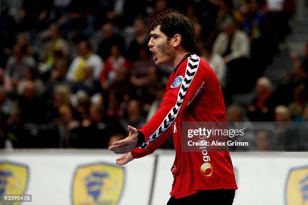 Goalkeeper Henning Fritz of Rhein-Neckar Loewen reacts during the Toyota Handball Bundesliga match between Rhein-Neckar Loewen and SG...