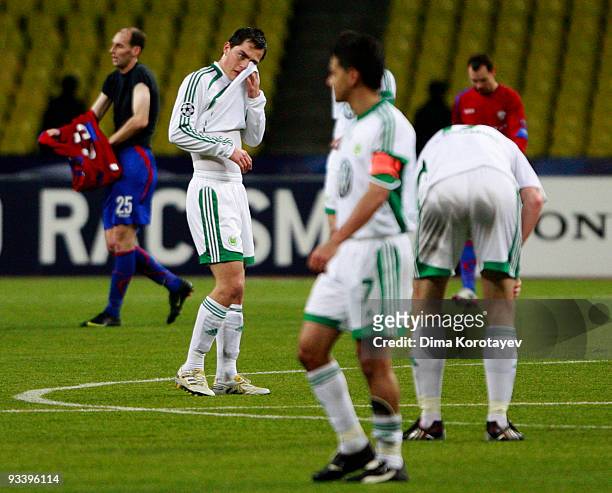 Marcel Schafer of Wolfsburg reacts after the UEFA Champions League group B match between CSKA Moscow and VfL Wolfsburg at the Luzhniki Stadium on...