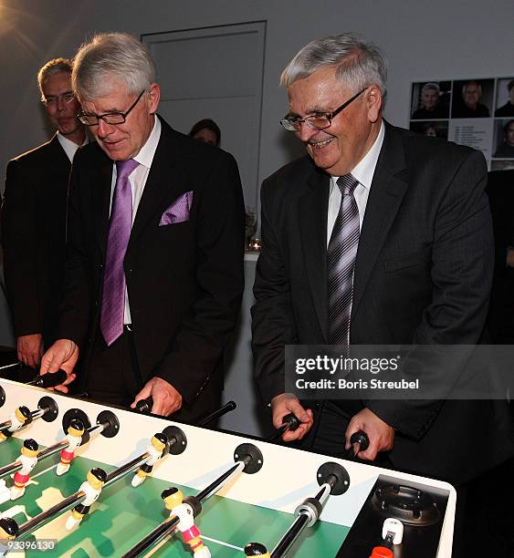 Reinhard Rauball , president of the German Football League and Theo Zwanziger , president of the German Football Association play kicker during the...