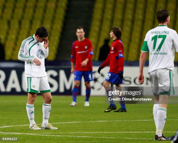 Marcel Schafer of Wolfsburg reacts after the UEFA Champions League group B match between CSKA Moscow and VfL Wolfsburg at the Luzhniki Stadium on...