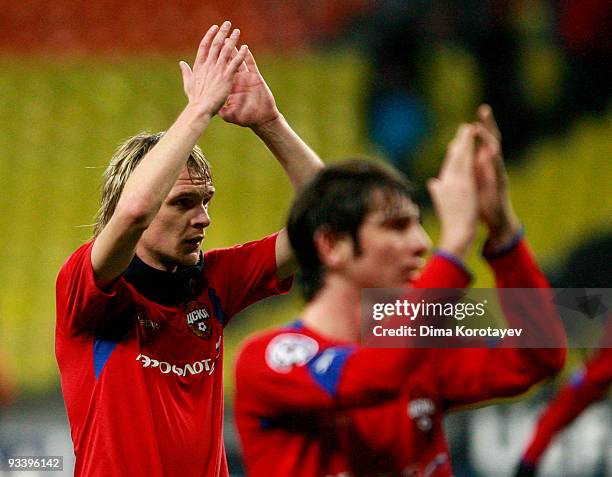 Milos Krasic of CSKA Moscow celebrate after their victory over VfL Wolfsburg in the UEFA Champions League group B match between CSKA Moscow and VfL...