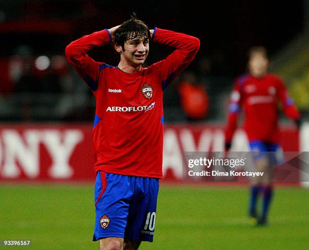 Alan Dzagoev of CSKA Moscow reacts during the UEFA Champions League group B match between CSKA Moscow and VfL Wolfsburg at the Luzhniki Stadium on...