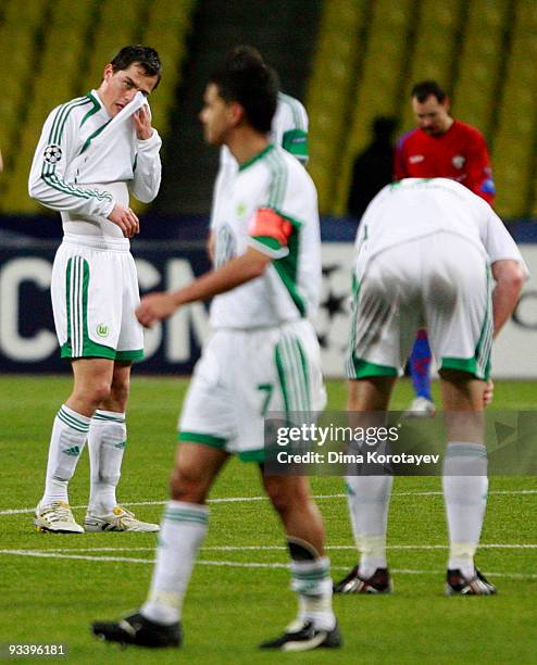 Marcel Schafer of Wolfsburg reacts after the UEFA Champions League group B match between CSKA Moscow and VfL Wolfsburg at the Luzhniki Stadium on...