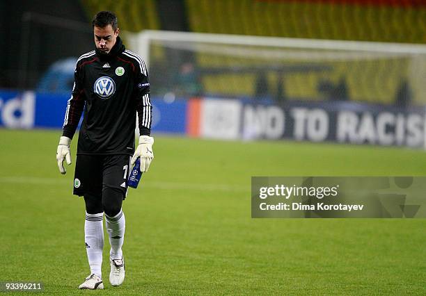 Goal keeper Diego Benaglio of Wolfsburg reacts after the UEFA Champions League group B match between CSKA Moscow and VfL Wolfsburg at the Luzhniki...