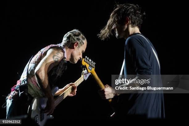 Flea and Josh Klinghoffer of Red Hot Chili Peppers perform during the first day of Lollapalooza Buenos Aires 2018 at Hipodromo de San Isidro on March...