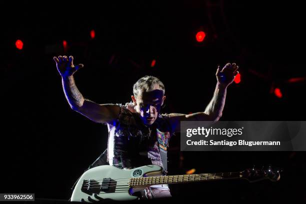 Flea bass player of Red Hot Chili Peppers performs during the first day of Lollapalooza Buenos Aires 2018 at Hipodromo de San Isidro on March 16,...