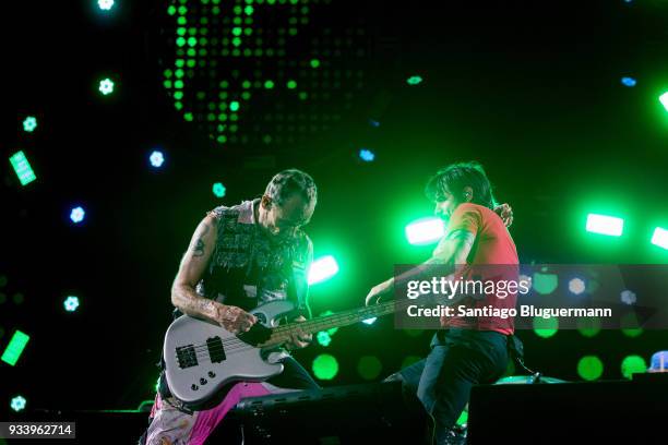 Flea and Anthony Kiedis of Red Hot Chili Peppers perform during the first day of Lollapalooza Buenos Aires 2018 at Hipodromo de San Isidro on March...