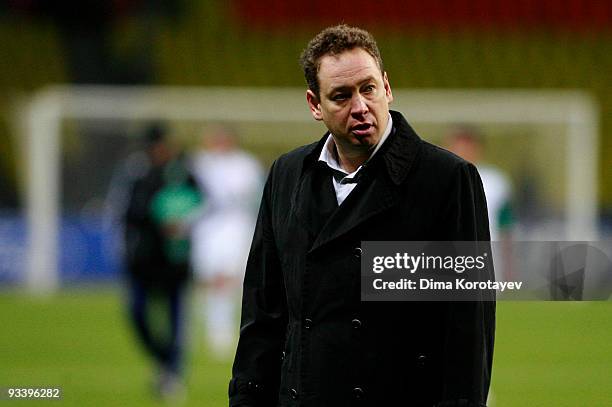 Head coach Leonid Slutski of CSKA Moscow looks on after the UEFA Champions League group B match between CSKA Moscow and VfL Wolfsburg at the Luzhniki...