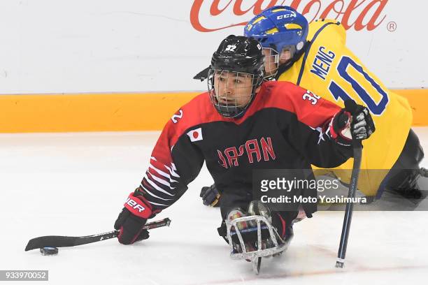 Daisuke Uehara of Japan in actin during the Ice Hockey Classification Game between Japan and Sweden on day seven of the PyeongChang 2018 Paralympic...