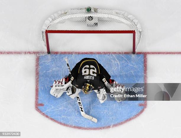 Marc-Andre Fleury of the Vegas Golden Knights stands in the crease as he tends net in the second period of a game against the Calgary Flames at...