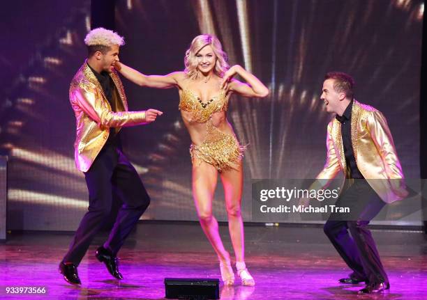 Jordan Fisher, Lindsay Arnold and Frankie Muniz peform onstage during the Dancing with The Stars: Live! - Light Up The Night held at Microsoft...