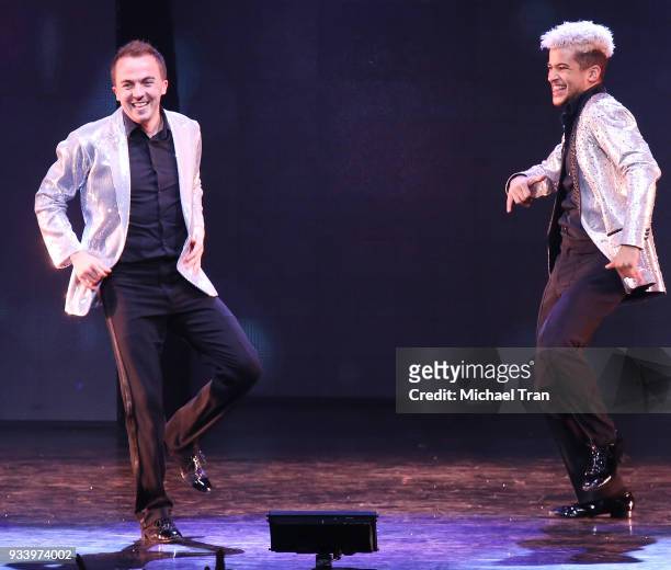 Frankie Muniz and Jordan Fisher peform onstage during the Dancing with The Stars: Live! - Light Up The Night held at Microsoft Theater on March 18,...
