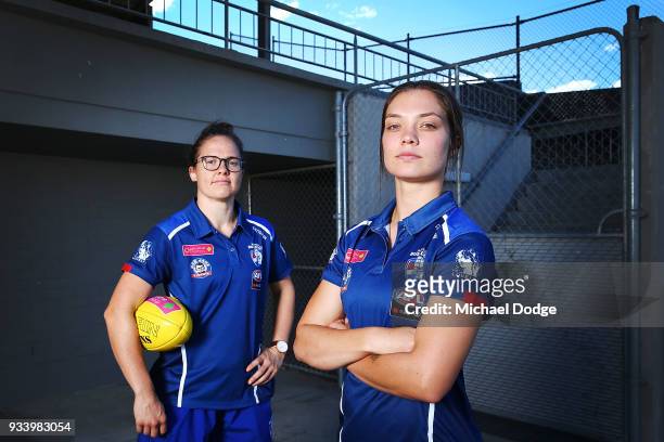 Emma Kearney and Ellie Blackburn pose during a Western Bulldogs AFLW media opportunity at Victoria University Whitten Oval on March 19 ahead of this...