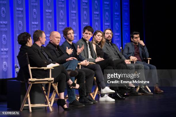 Mike Judge, Kumail Nanjiani, Amanda Crew, Martin Starr, Thomas Middleditch, Alec Berg, and Zach Woods attend the 2018 PaleyFest Los Angeles - HBO's...