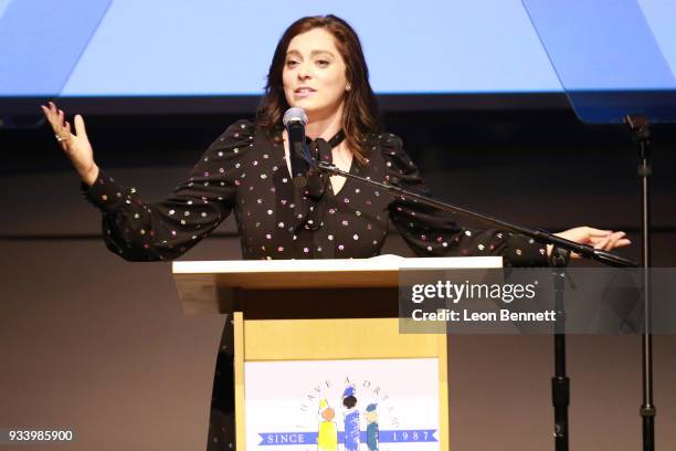 Actress Rachel Bloom speaks during the "I Have A Dream" Foundation's 5th Annual Los Angeles' Dreamer Dinner at Skirball Cultural Center on March 18,...