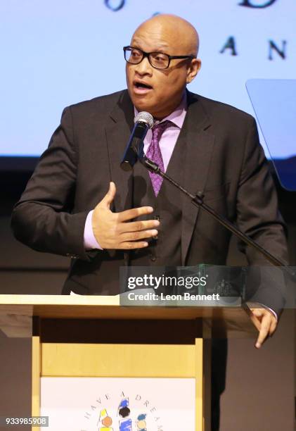 Actor/honoree Larry Wilmore speaks during the "I Have A Dream" Foundation's 5th Annual Los Angeles' Dreamer Dinner at Skirball Cultural Center on...