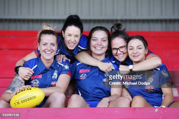 Hannah Scott, Brooke Lochland, Ellie Blackburn, Emma Kearney, Monique Conti pose during a Western Bulldogs AFLW media opportunity at Victoria...