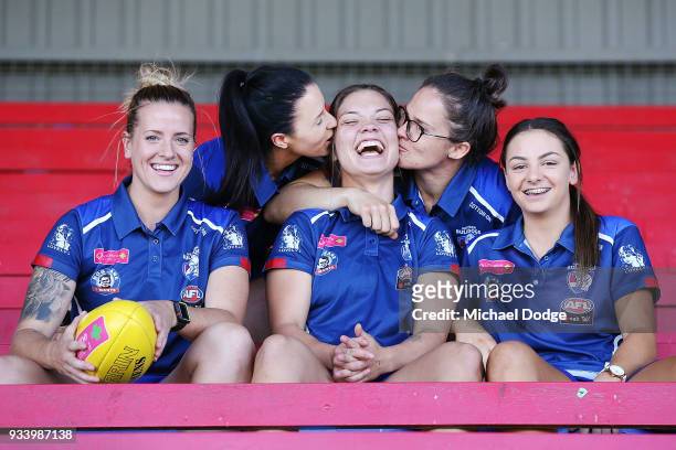 Hannah Scott, Brooke Lochland, Ellie Blackburn, Emma Kearney, Monique Conti pose during a Western Bulldogs AFLW media opportunity at Victoria...