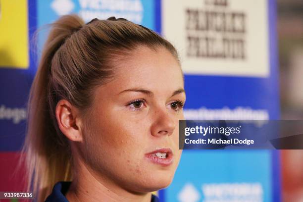 Katie Brennan speaks to media during a Western Bulldogs AFLW media opportunity at Victoria University Whitten Oval on March 19 ahead of this...