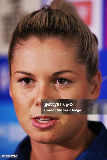 Katie Brennan speaks to media during a Western Bulldogs AFLW media opportunity at Victoria University Whitten Oval on March 19 ahead of this...