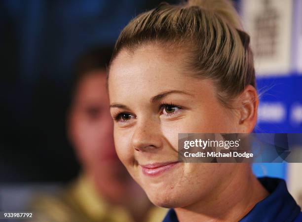 Katie Brennan speaks to media during a Western Bulldogs AFLW media opportunity at Victoria University Whitten Oval on March 19 ahead of this...