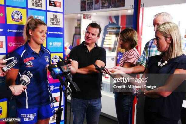 Katie Brennan speaks to media during a Western Bulldogs AFLW media opportunity at Victoria University Whitten Oval on March 19 ahead of this...