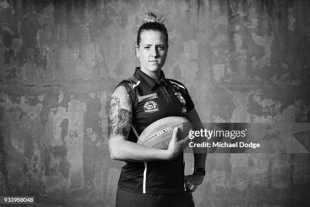 Hannah Scott, showing off her Warrior Woman tattoo for the strong women in her life, poses during a Western Bulldogs AFLW media opportunity at...