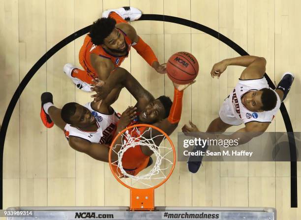 Elijah Thomas of the Clemson Tigers shoots against the Auburn Tigers during the second round of the 2018 NCAA Men's Basketball Tournament at Viejas...