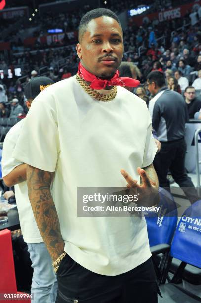 Rapper YG attends a basketball game between the Los Angeles Clippers and the Portland Trail Blazers at Staples Center on March 18, 2018 in Los...