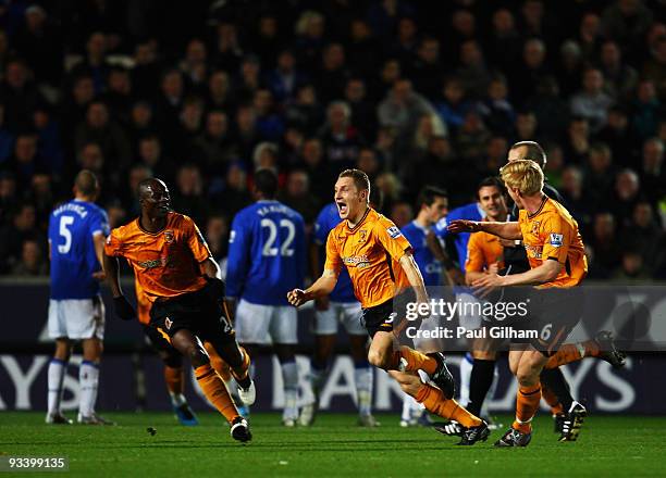 Andy Dawson of Hull City celebrates with his team-mates after scoring the second goal for Hull City Everton during the Barclays Premier League match...