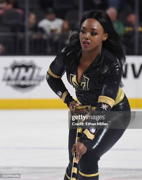 Member of the Knights Crew cleans the ice during the Vegas Golden Knights' game against the Calgary Flames at T-Mobile Arena on March 18, 2018 in Las...