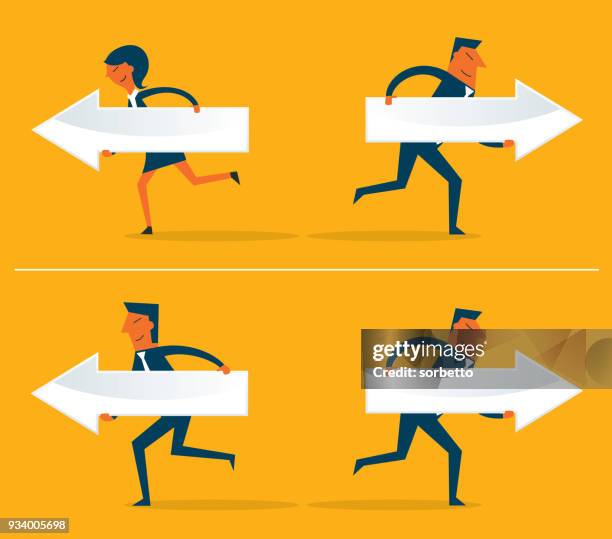business people holding arrows to run in different directions - different paths stock illustrations