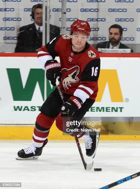 Max Domi of the Arizona Coyotes skates with the puck against the Nashville Predators at Gila River Arena on March 15, 2018 in Glendale, Arizona.