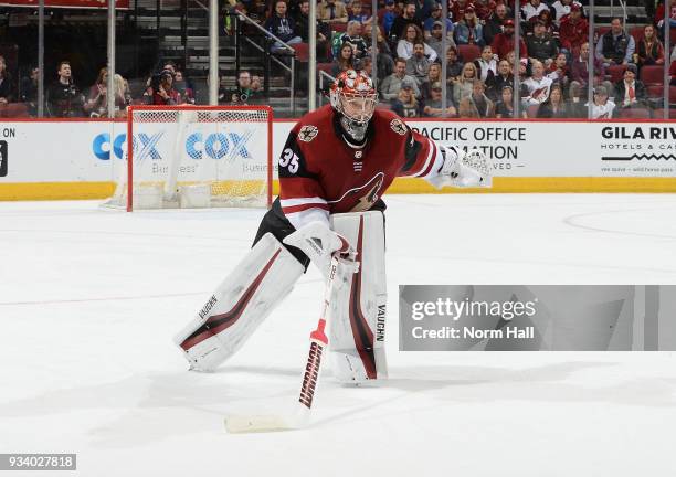 Darcy Kuemper of the Arizona Coyotes skates to the bench during a delayed penalty against the Nashville Predators at Gila River Arena on March 15,...
