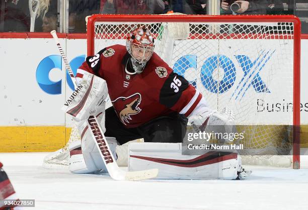 Darcy Kuemper of the Arizona Coyotes gets ready to make a save against the Nashville Predators at Gila River Arena on March 15, 2018 in Glendale,...