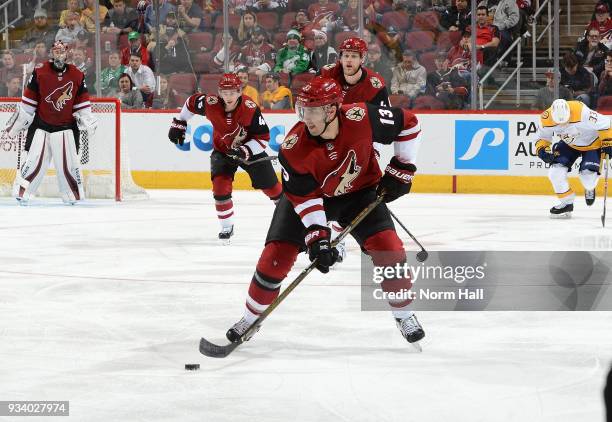 Freddie Hamilton of the Arizona Coyotes skates with the puck against the Nashville Predators at Gila River Arena on March 15, 2018 in Glendale,...