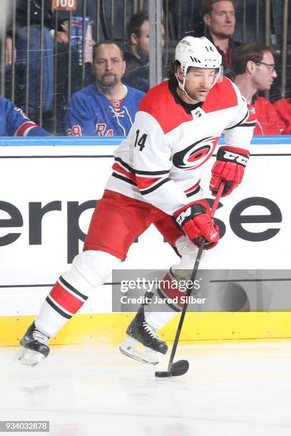 Justin Williams of the Carolina Hurricanes skates with the puck against the New York Rangers at Madison Square Garden on March 12, 2018 in New York...