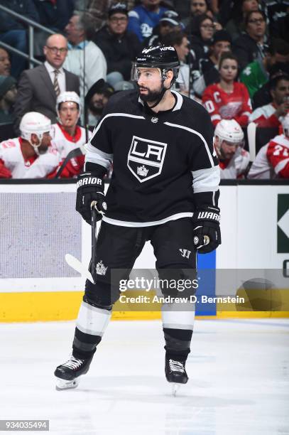 Nate Thompson of the Los Angeles Kings looks on during a game against the Detroit Red Wings at STAPLES Center on March 15, 2018 in Los Angeles,...