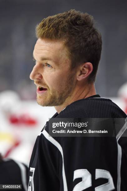 Trevor Lewis of the Los Angeles Kings looks on before a game against the Detroit Red Wings at STAPLES Center on March 15, 2018 in Los Angeles,...