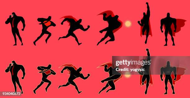 ilustraciones, imágenes clip art, dibujos animados e iconos de stock de conjunto de silueta de vector superhéroe figura - puñetazo
