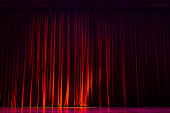 Red curtains with the lights of the show and the wood flooring parquet.
