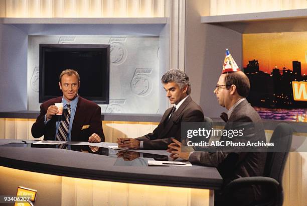 Opening Day" - 1/9/95, Pictured, left to right: Celebrity sportscaster Brett Sooner , anchorman Tad Sherman and weatherman Dr. Warner Brakefield were...