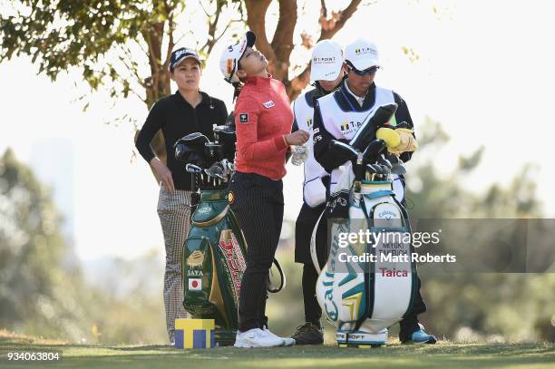 Miyuki Takeuchi of Japan looks on during the second round of the T-Point Ladies Golf Tournament at the Ibaraki Kokusai Golf Club on March 17, 2018 in...