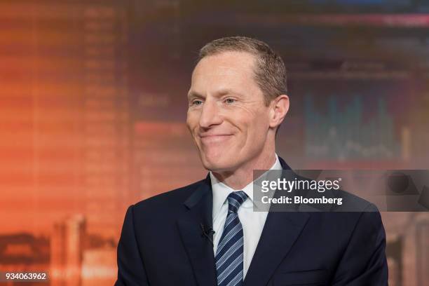 Woody Bradford, chairman and chief executive officer of Conning & Co., listens during a Bloomberg Television in Hong Kong, China, on Monday, March...