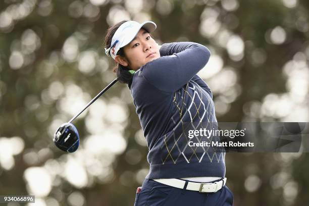 Fumika Kawagishi of Japan hits her tee shot on the 10th hole during the final round of the T-Point Ladies Golf Tournament at the Ibaraki Kokusai Golf...
